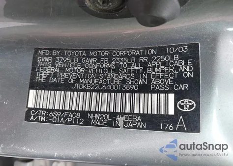 2004 Toyota Prius z USA, uszkodzony, nr VIN JTDKB22U640013890